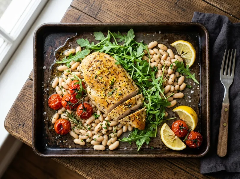 Zitronen-Hähnchen vom Blech mit weißen Bohnen und Rucola