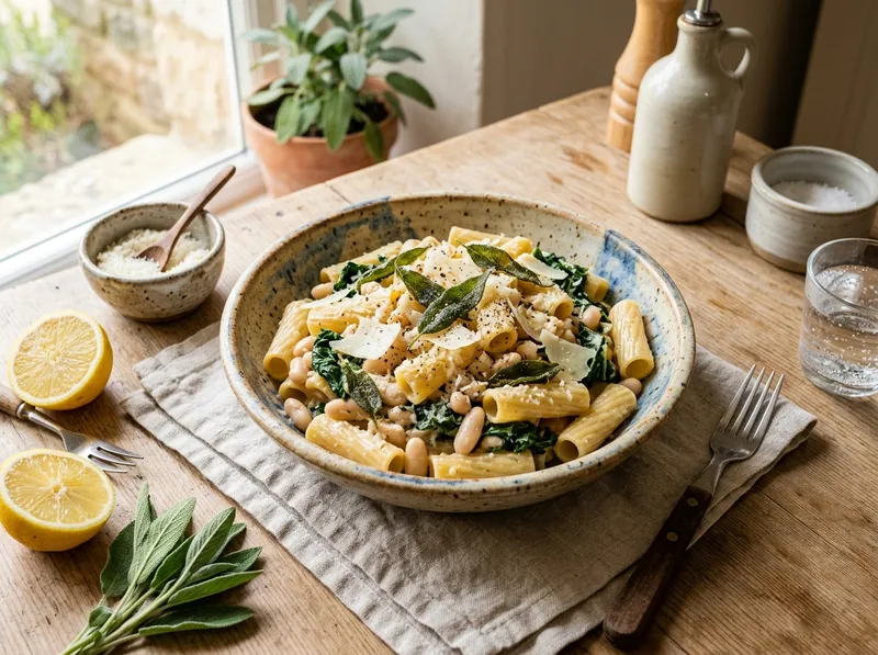 Zitronige Rigatoni mit weißen Bohnen und frischem Salbei