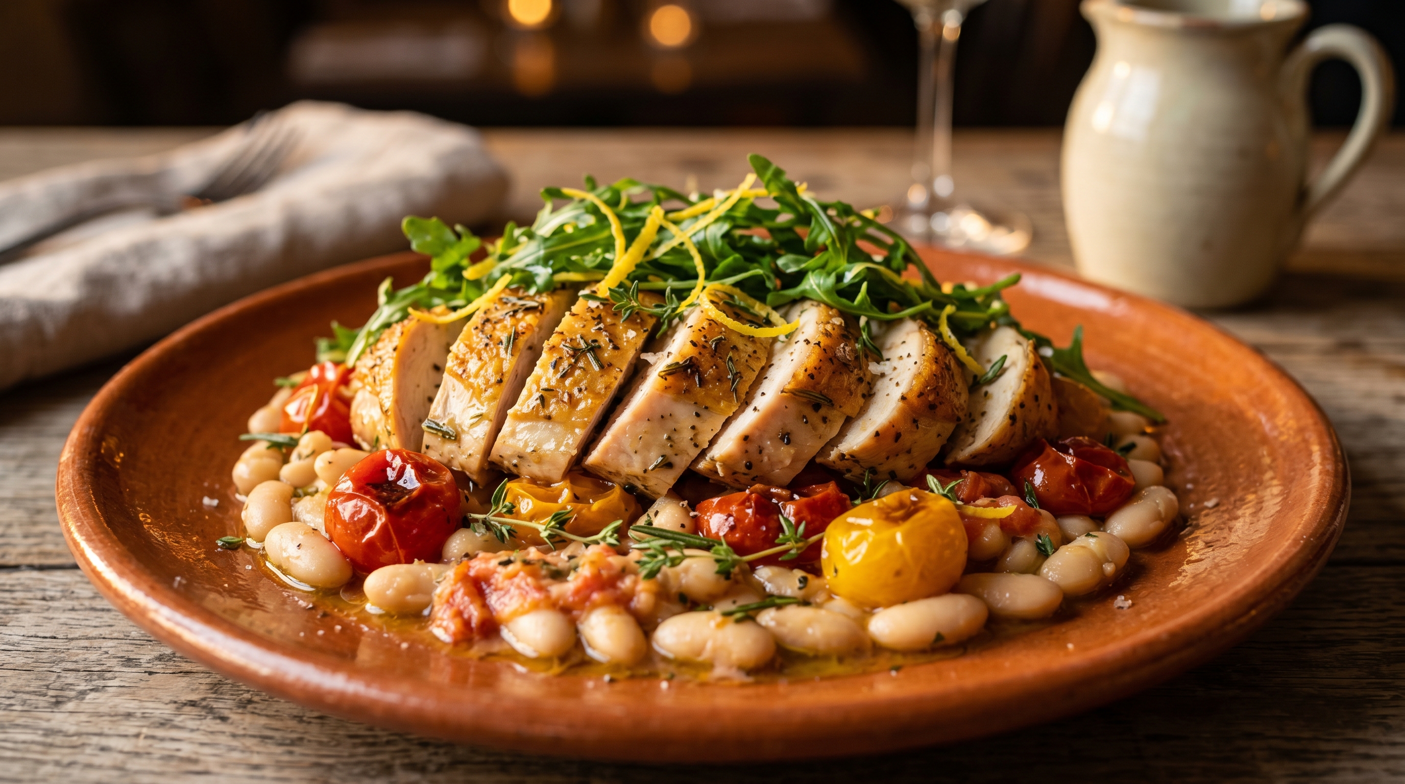 Zitroniges Hähnchen mit Tomaten und weißen Bohnen
