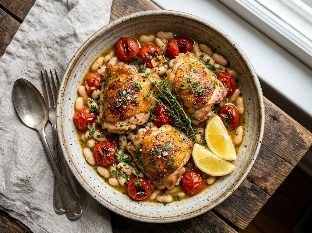 Zitroniges Hähnchen mit Tomaten und weißen Bohnen