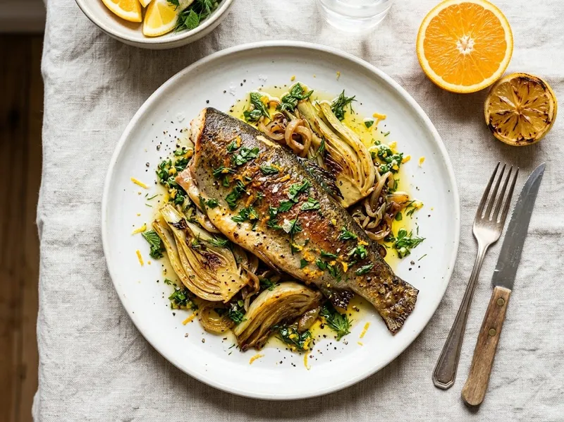 Zitrus-Kräuter-Forelle mit karamellisiertem Fenchel